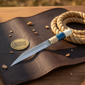Hybrid Handle Broken-Back Seax Knife with Bone and Blue Accent Handle