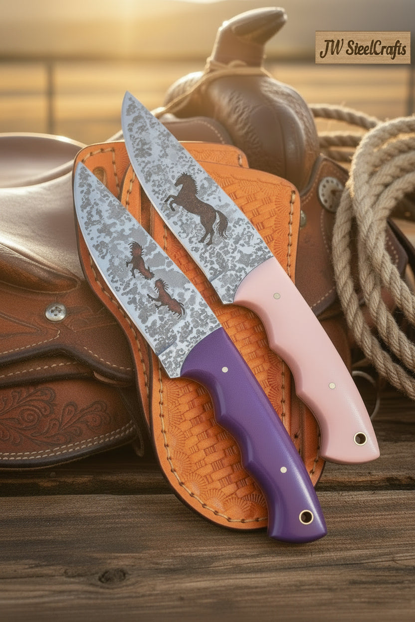 Ranch Cowboy Duo Knife Set Set of 2 Western Engravings by JW SteelCrafts — view 1 of 1