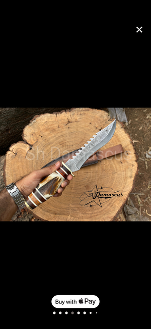 Sawtooth Spine Hunting Knife with Stacked Stag Handle and Hand Forged Layered Blade