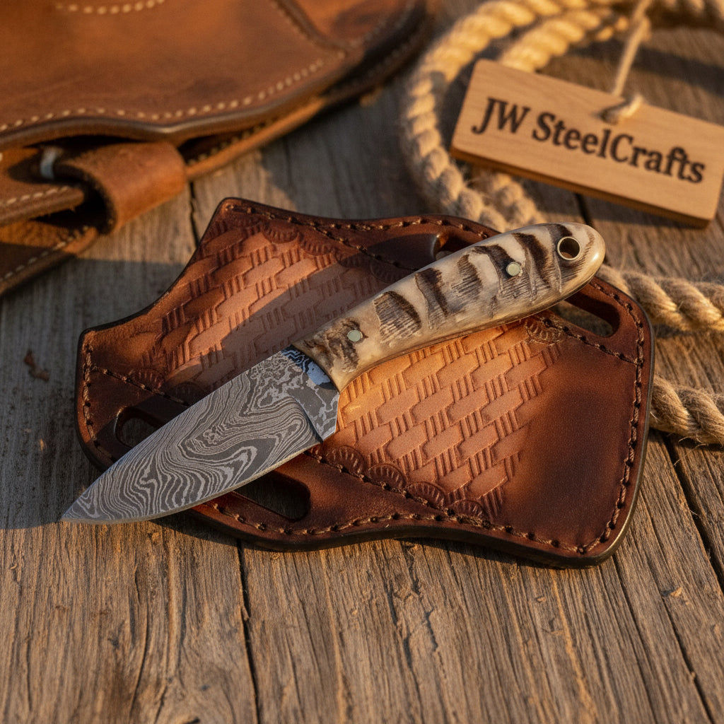 Timberwolf Stag Buckaroo Knife 7" Handmade Damascus Stag Horn