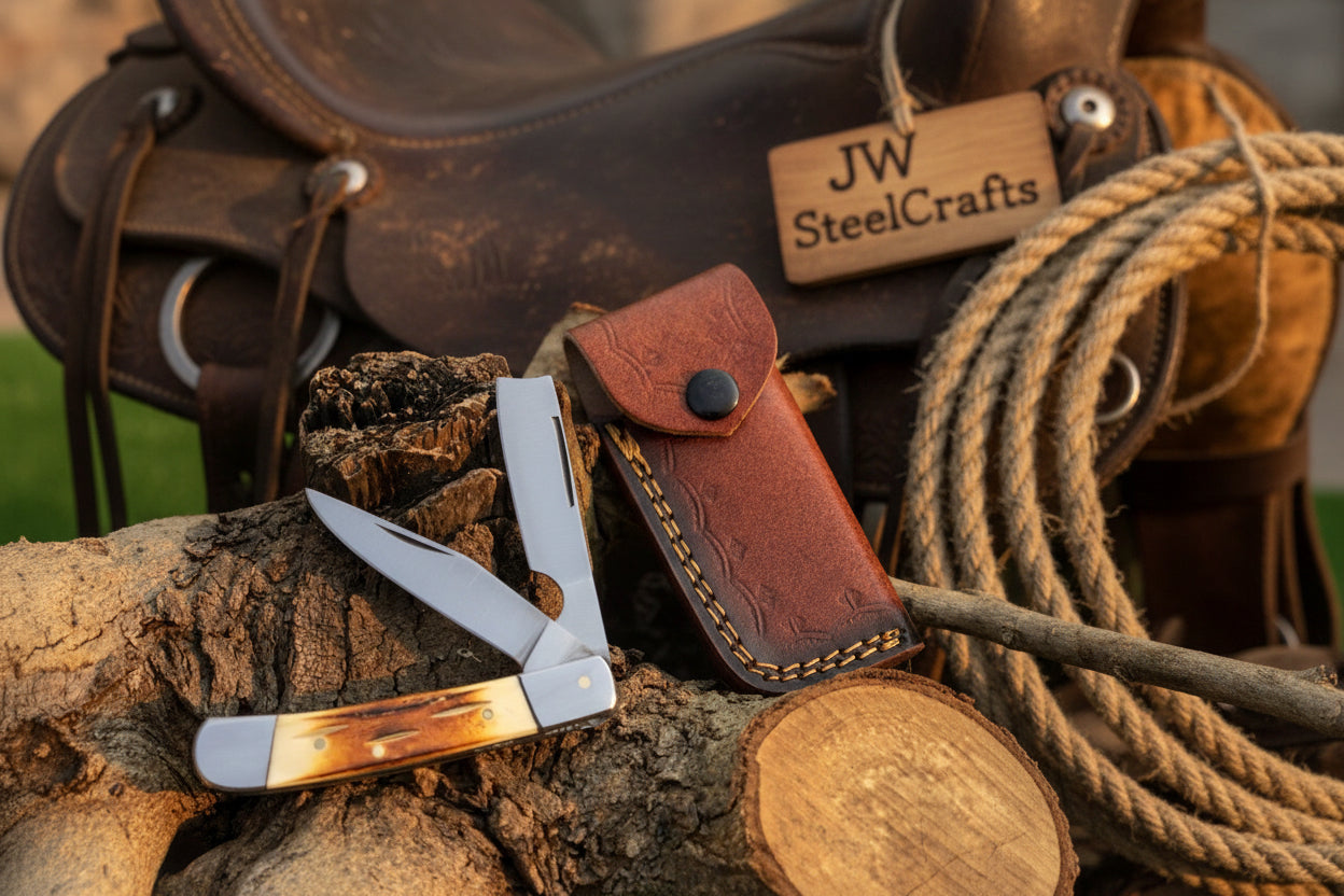 Razor Trapper Knife with Burned Bone Handle and Steel Bolsters detail view by JW SteelCrafts