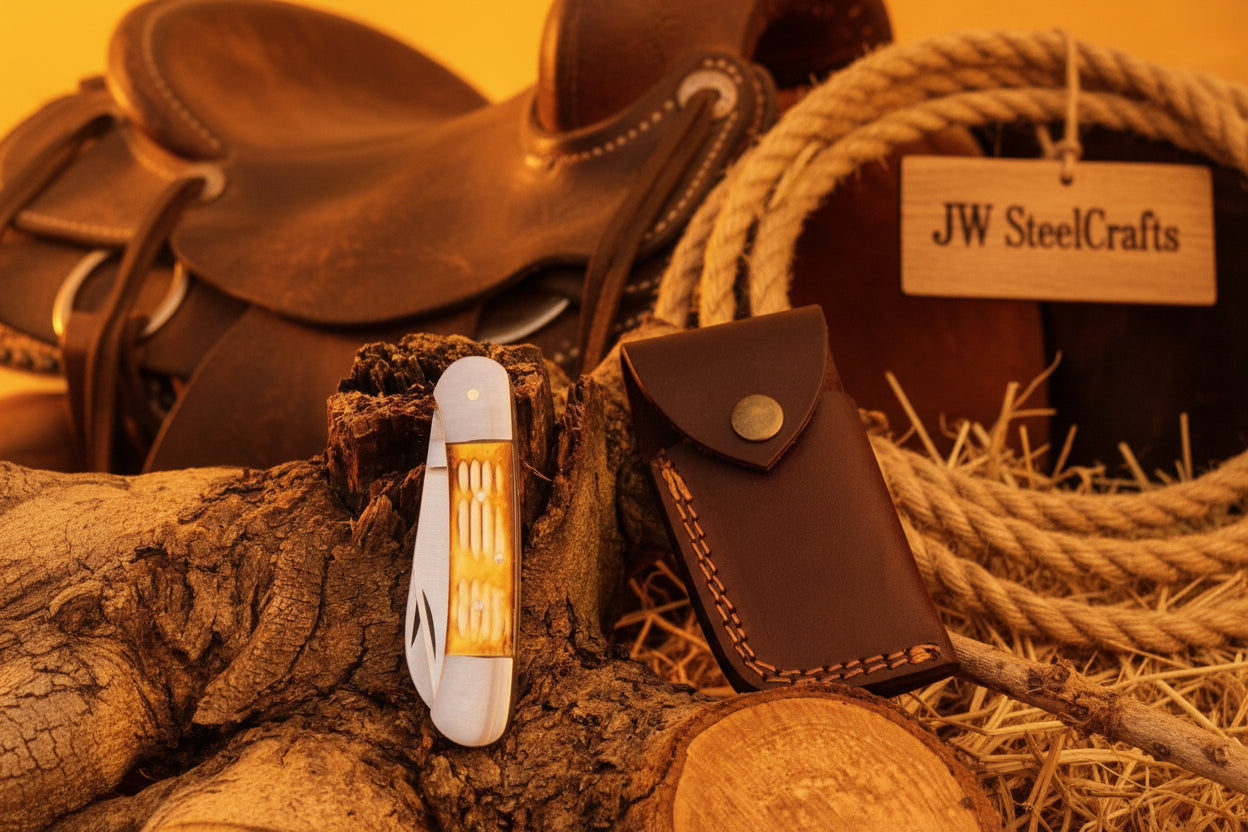 Double Blade Trapper Knife with Bone Handle, Folding Pocket Knife by JW SteelCrafts