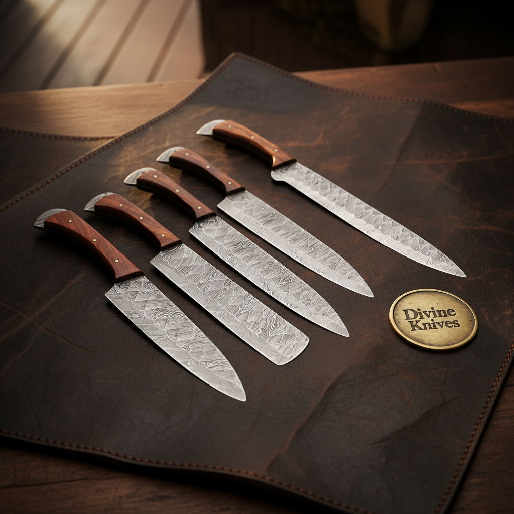 Rosewood Brisket Knife Set of 5 with Long Slicer and Forged Kitchen Blades