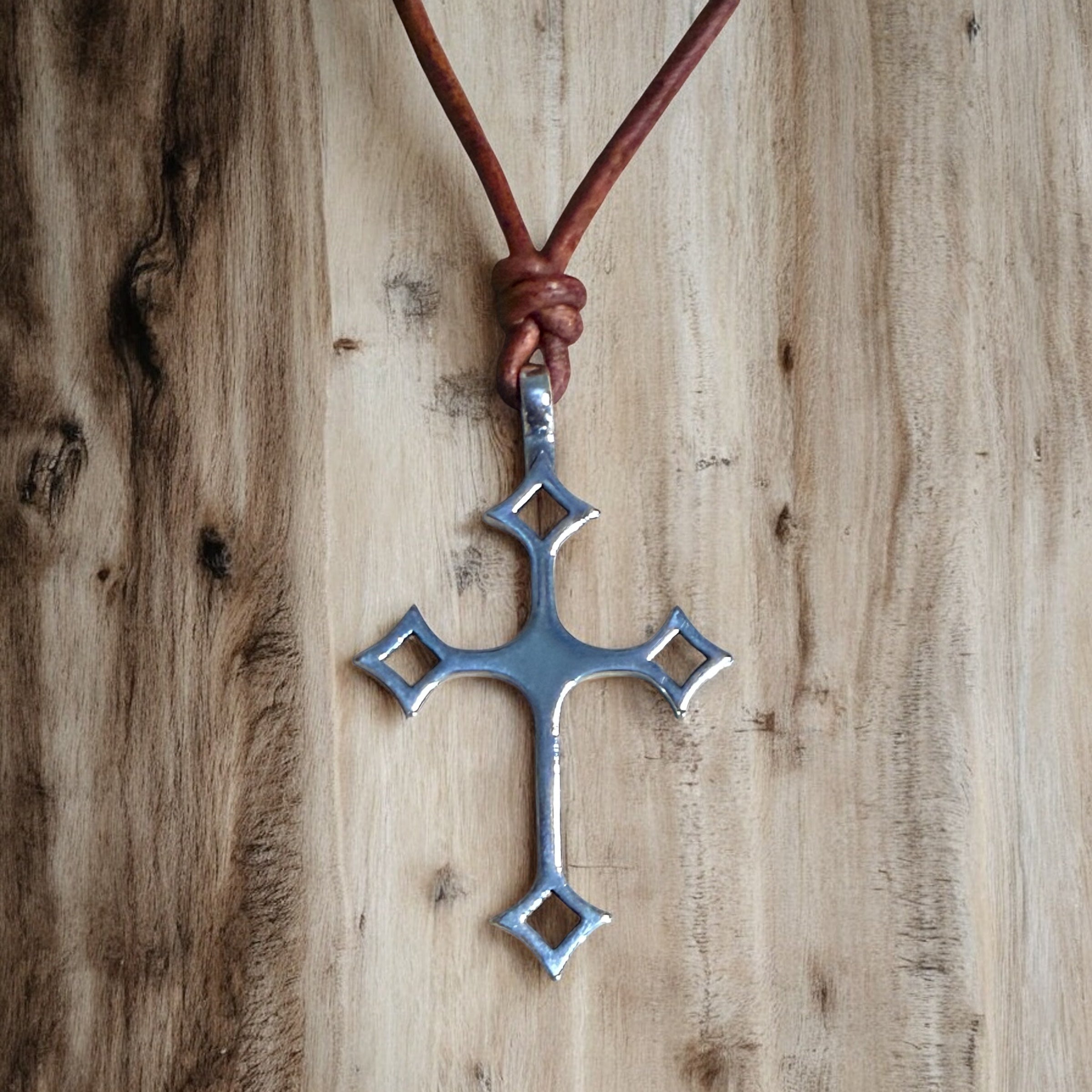 Gothic Medieval Cross Necklace - Sterling Silver on Leather Cord by Forged By Fire — view 1 of 4