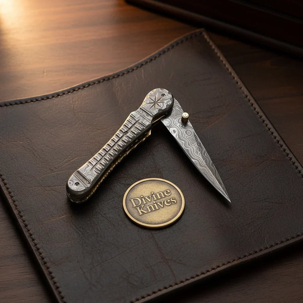Engraved Damascus Liner-Lock Dagger Folder - Old-World Steel in Your Pocket