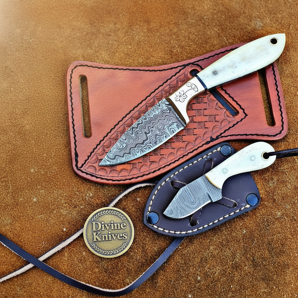 White Bone Damascus Short Skinner Set One Bold White Handle Story