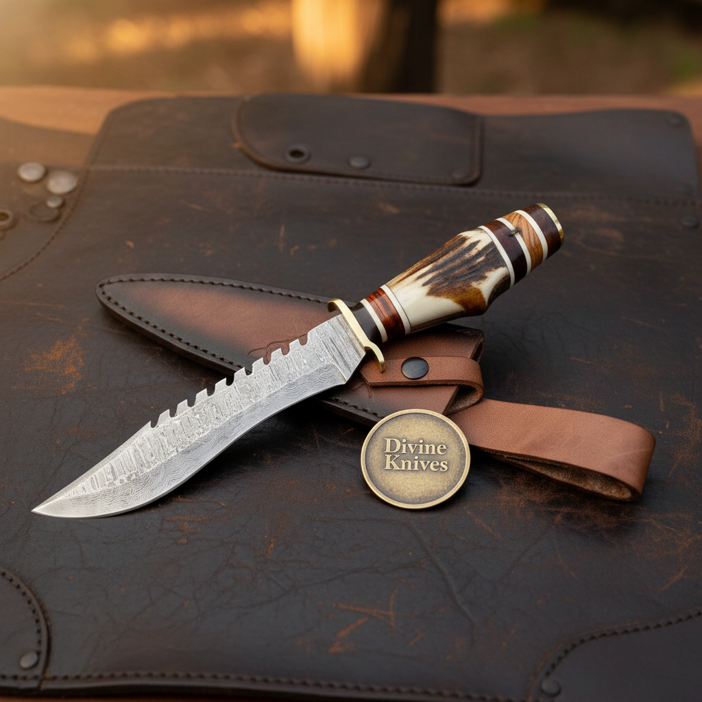 Sawtooth Spine Hunting Knife with Stacked Stag Handle and Hand Forged Layered Blade