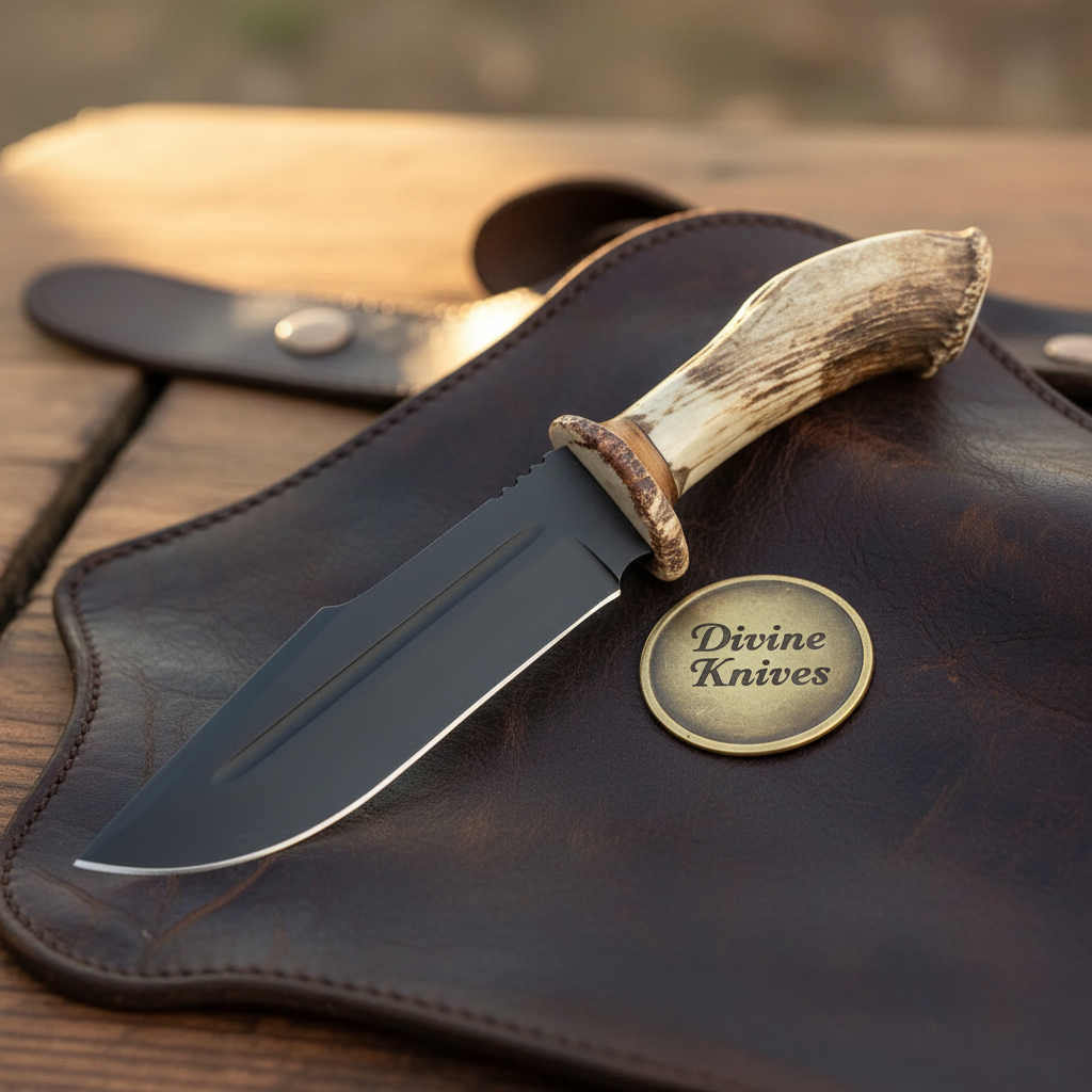 Black Coated Stag Handle Bowie Knife with Twin Fullered Blade for Outdoor Use