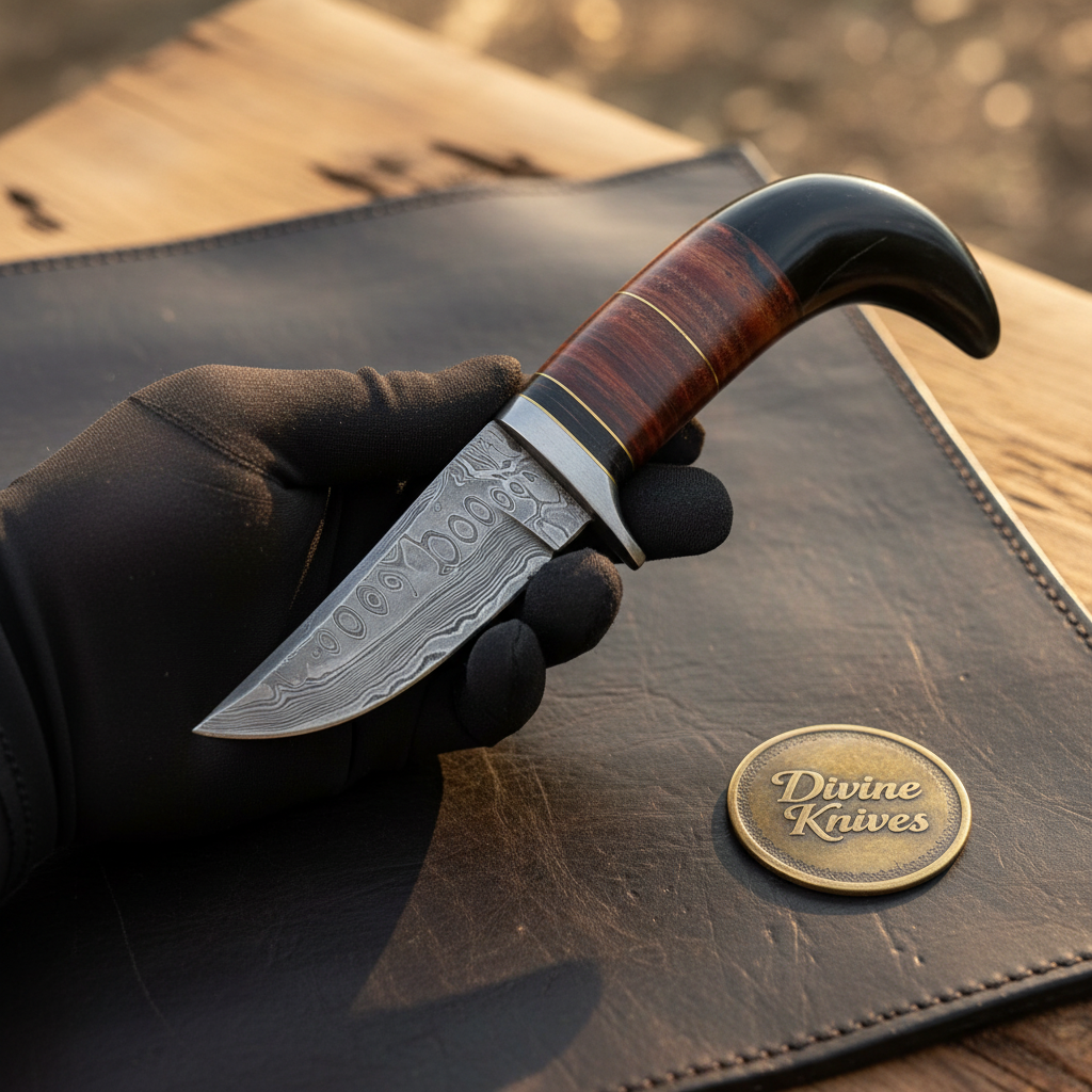 Buffalo Horn Caping Knife with Stacked Leather Grip and Braid Tooled Leather Sheath