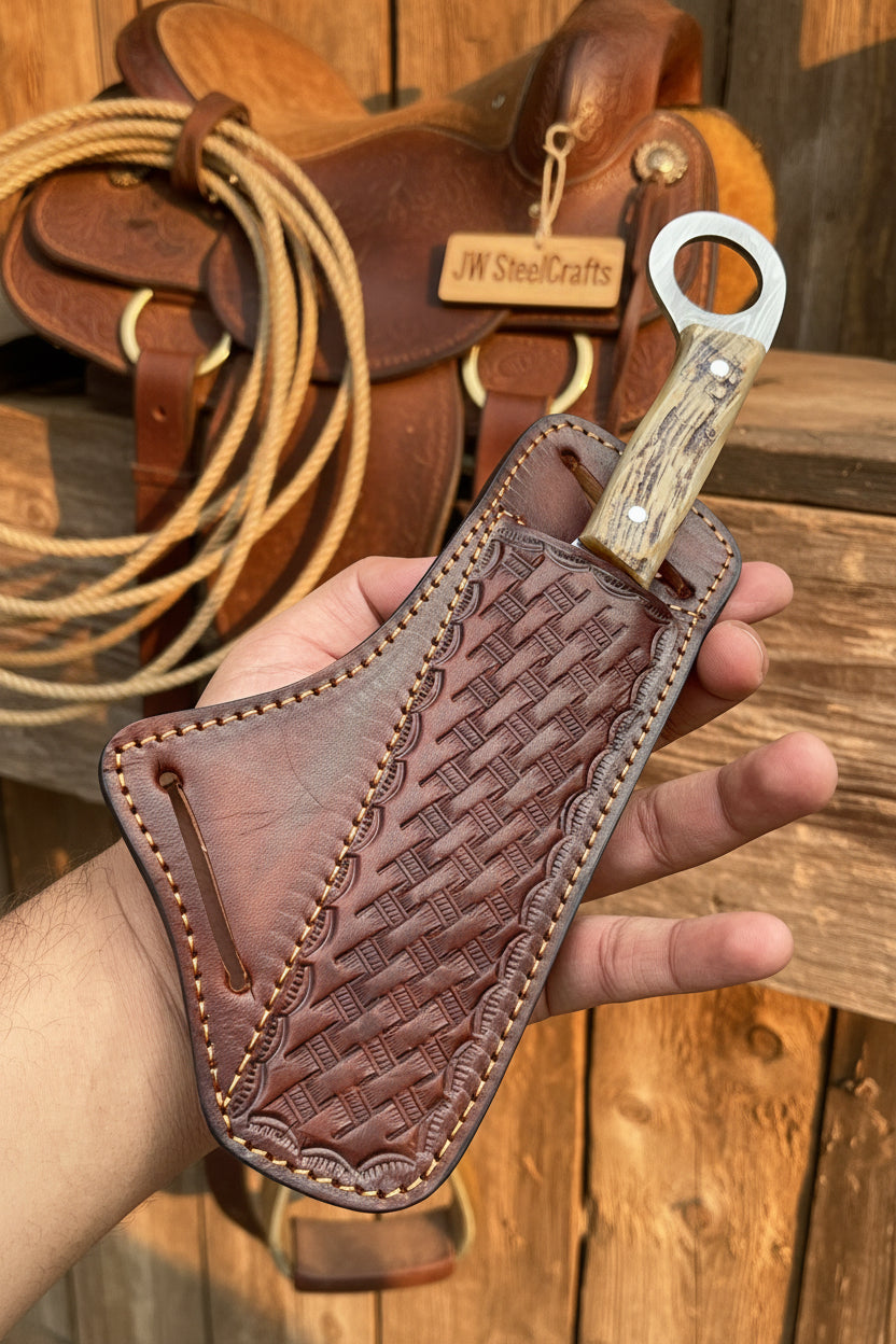 Finger Loop Prairie Bull Cutter 6.5" Handmade Damascus Steel Leather Crossdraw