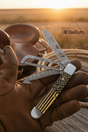 Stars and Stripes Trapper Folding Jack Knife 7" Handmade Damascus with Resin Handle