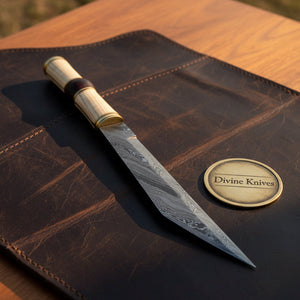 Barrel Grip Damascus Broken-Back Seax Knife with Bone and Wood Handle by Divine Knives — view 4 of 4