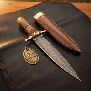 Damascus Steel Rosewood Commando Dagger with Matching Wood Sheath