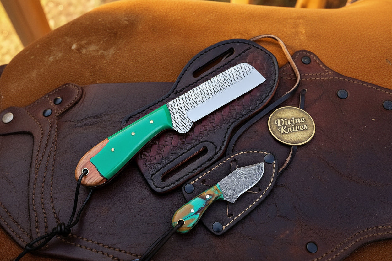 Green Resin Wood Bull Cutter & Neck Knife with a Shared Color Story