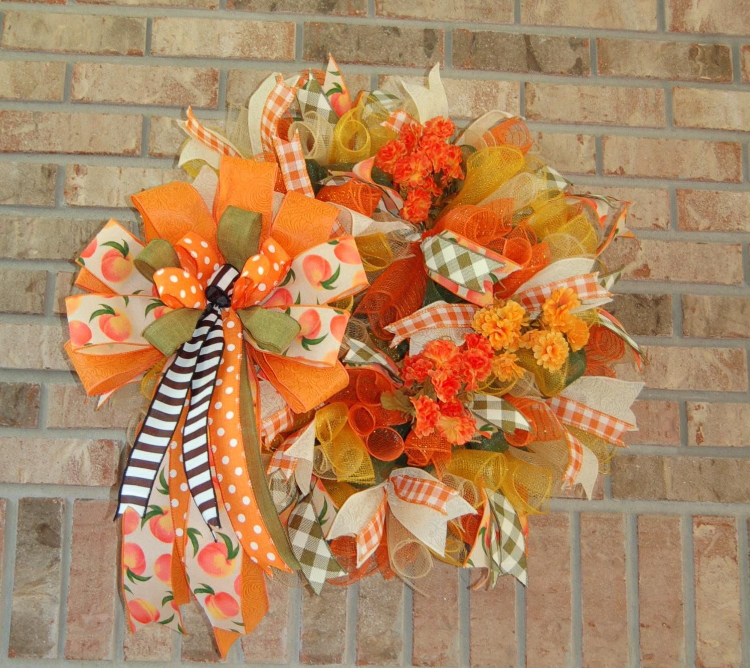Peach & Orange Fall Wreath | Polka Dot Bow Door Decor by Bouge Creations, view 9