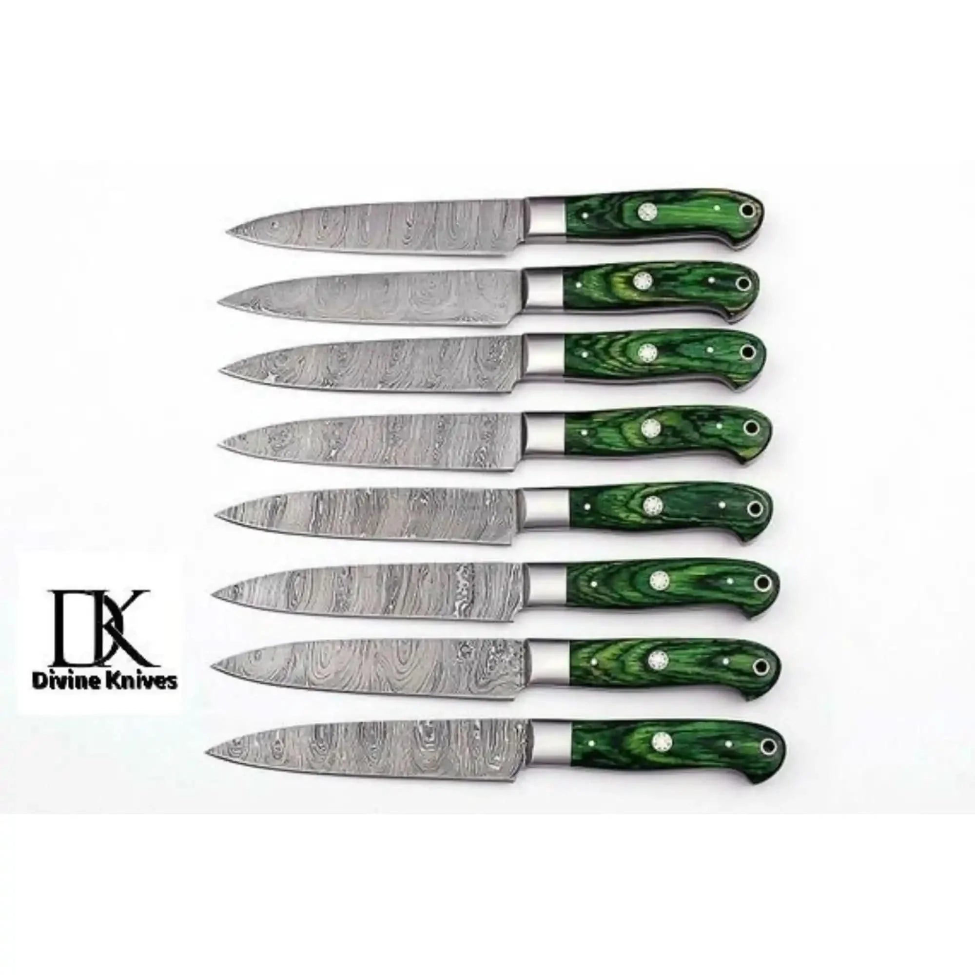 8-Piece Damascus Steak Knife — Twisted Damascus Blades, Green Pakka Wood Handles by JW SteelCrafts, Damascus knife main product photo