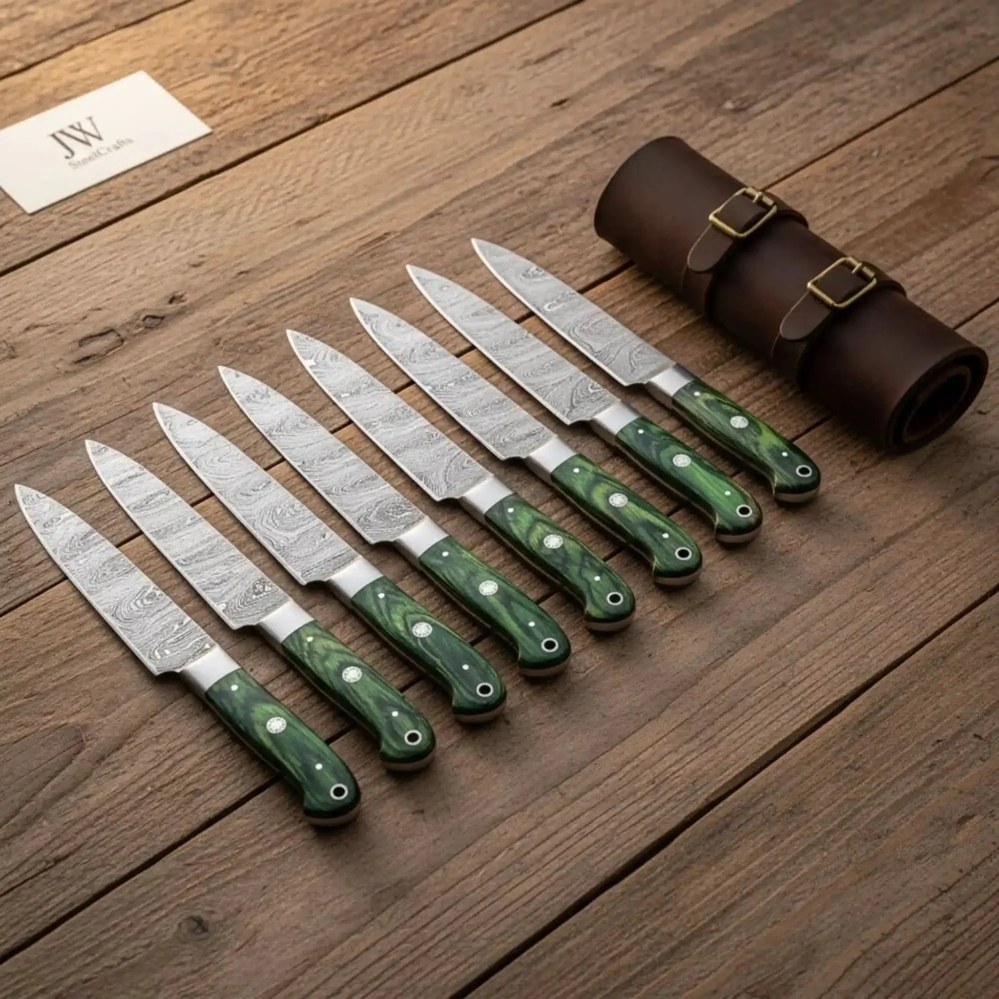 Damascus Steak Knife Set, Full Tang Serrated Knives, Green Pakka wood Handle, Precision Slicing by JW SteelCrafts, Damascus knife main product photo