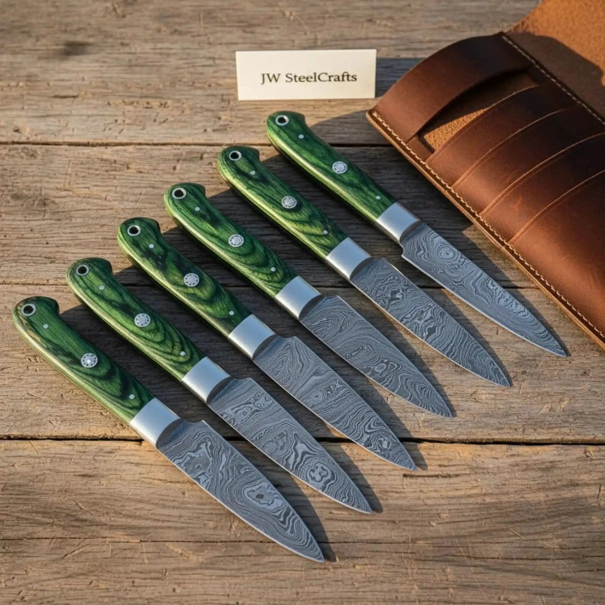 Damascus Steak Knife Set, Full Tang Serrated Knives, Green Pakka wood Handle, Precision Slicing by JW SteelCrafts, Damascus knife detail photo 2