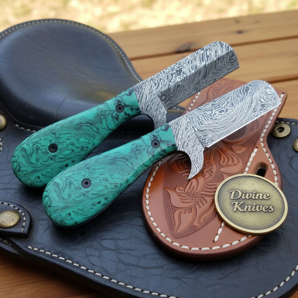 Green Turquoise Tanto Bull Cutter Set with Damascus Blades