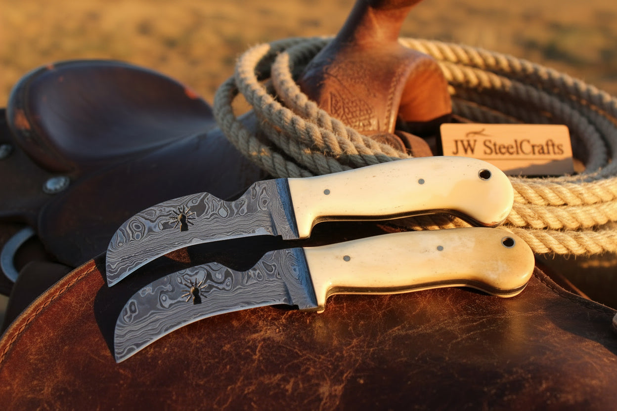 Ivory Bone Karambit Duo Knife 6" Handmade Damascus Matching Set of 2 with bone handle