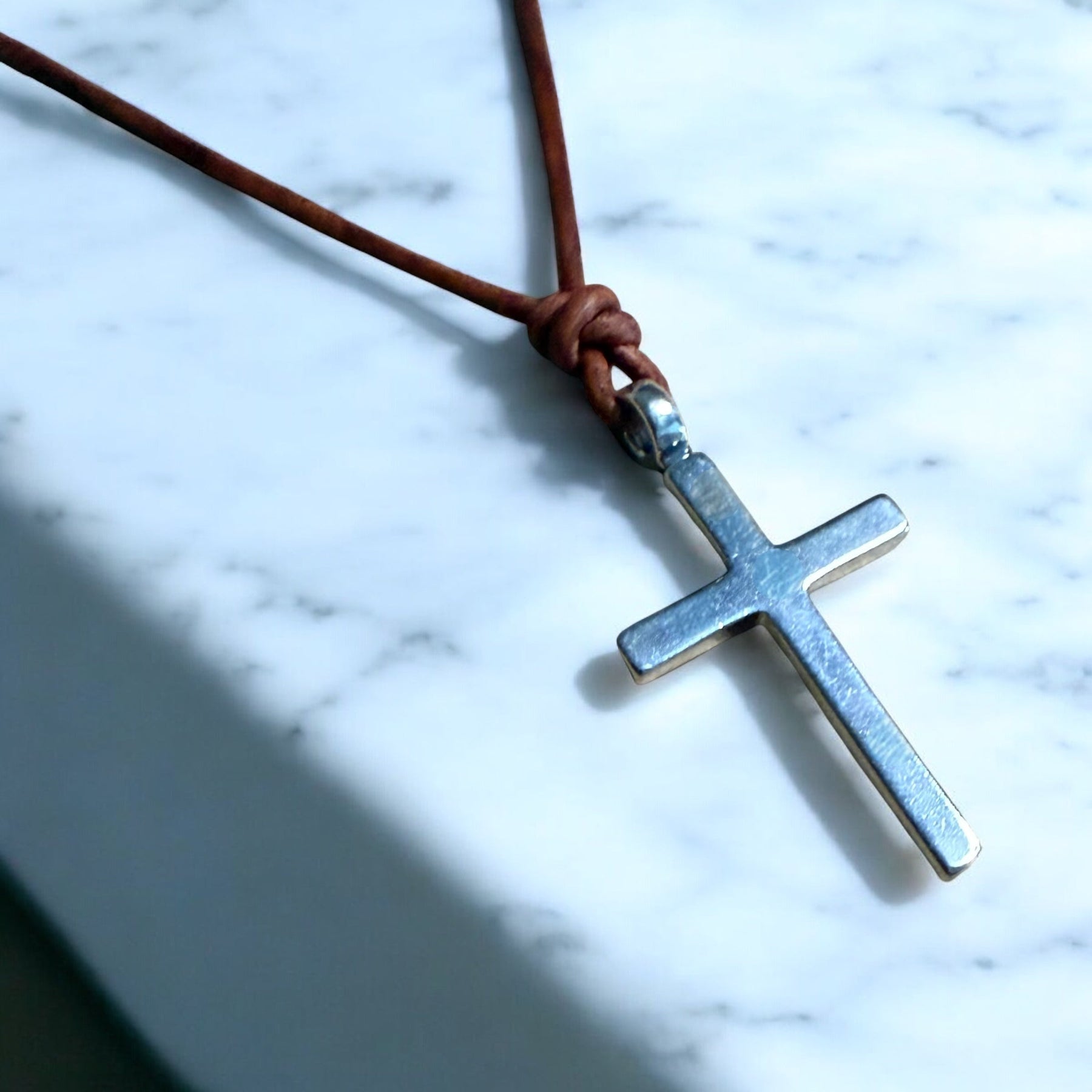 Classic Cross Necklace - Sterling Silver on Leather Cord by Forged By Fire — view 6 of 12
