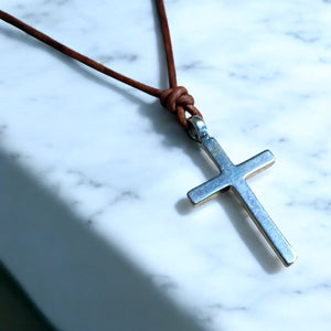 Classic Cross Necklace - Sterling Silver on Leather Cord by Forged By Fire — view 6 of 12