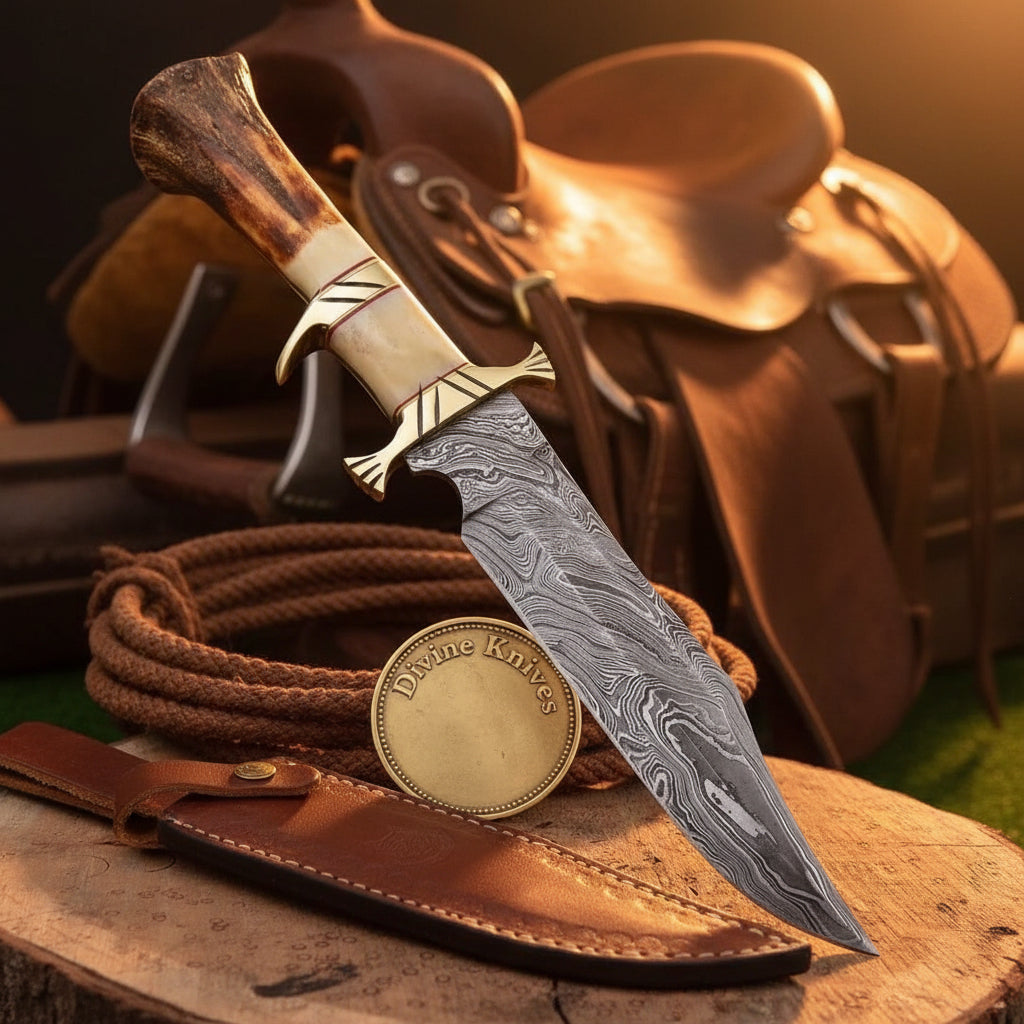 Damascus Sub-Hilt Crown Stag Bowie Knife with Dual Brass Guard
