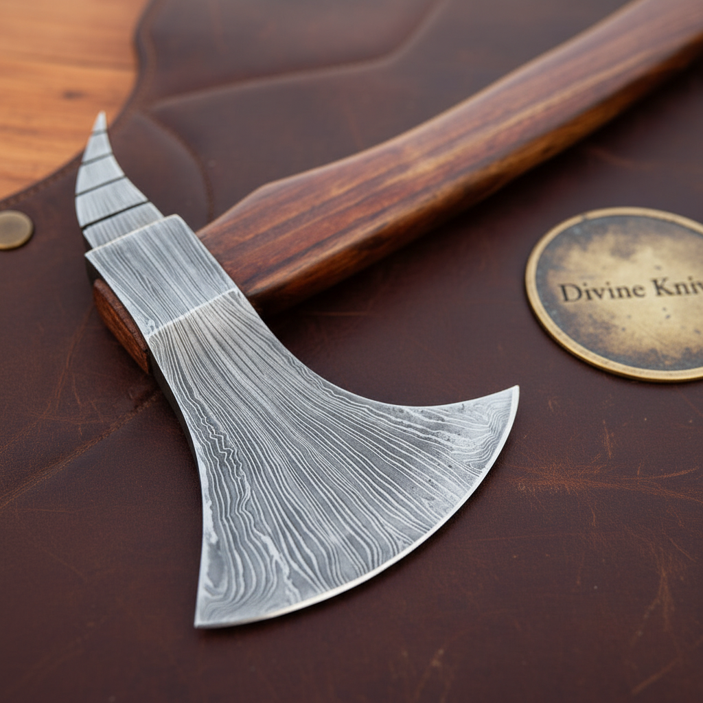 Hand Forged Bearded Viking Axe with Layered Steel Head and Shaped Hardwood Haft by Divine Knives — product view 2