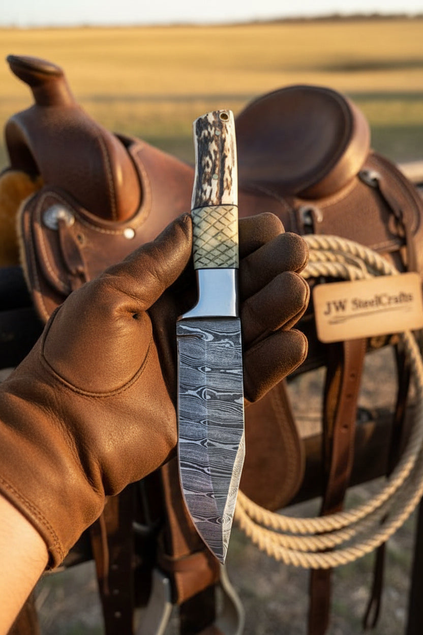 Frontier Stag Damascus Hunting Knife 9" by JW SteelCrafts, product view 2