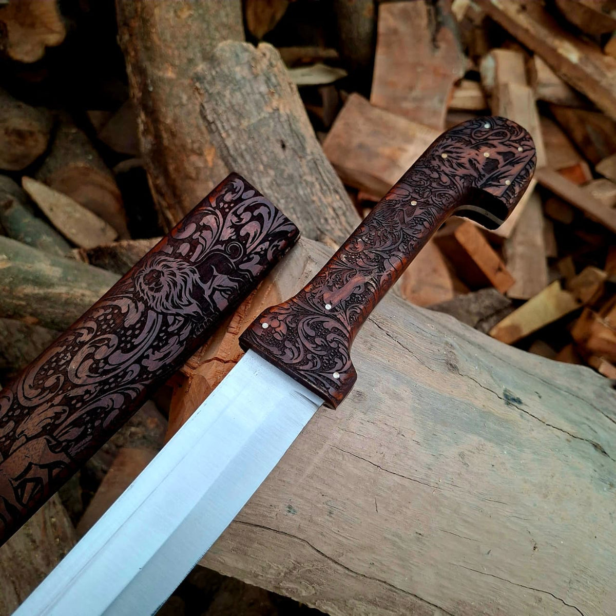 Bone Handle Damascus Knife with Handcrafted Tooled Sheath detail view by Divine Knives