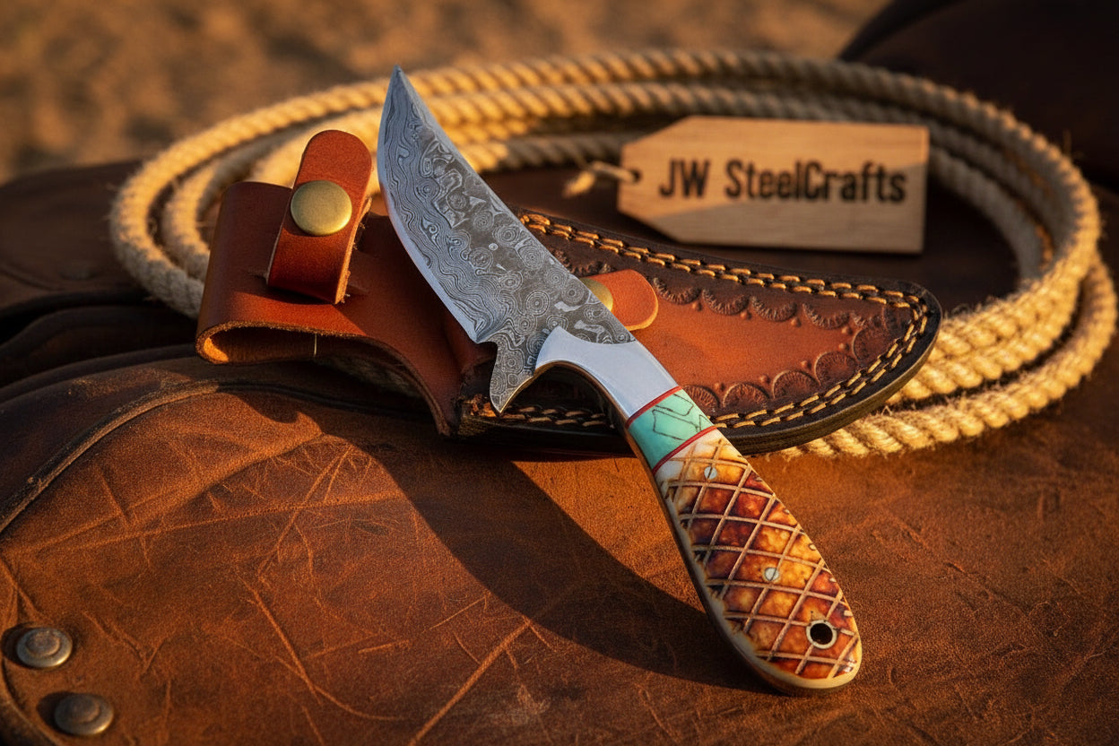Turquoise Inlay Skinner Knife Damascus with Turquoise Inlay by JW SteelCrafts — view 2 of 2