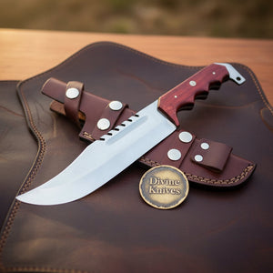 Rosewood Sawback Tracker Bowie Knife with Finger-Groove Wood Handle
