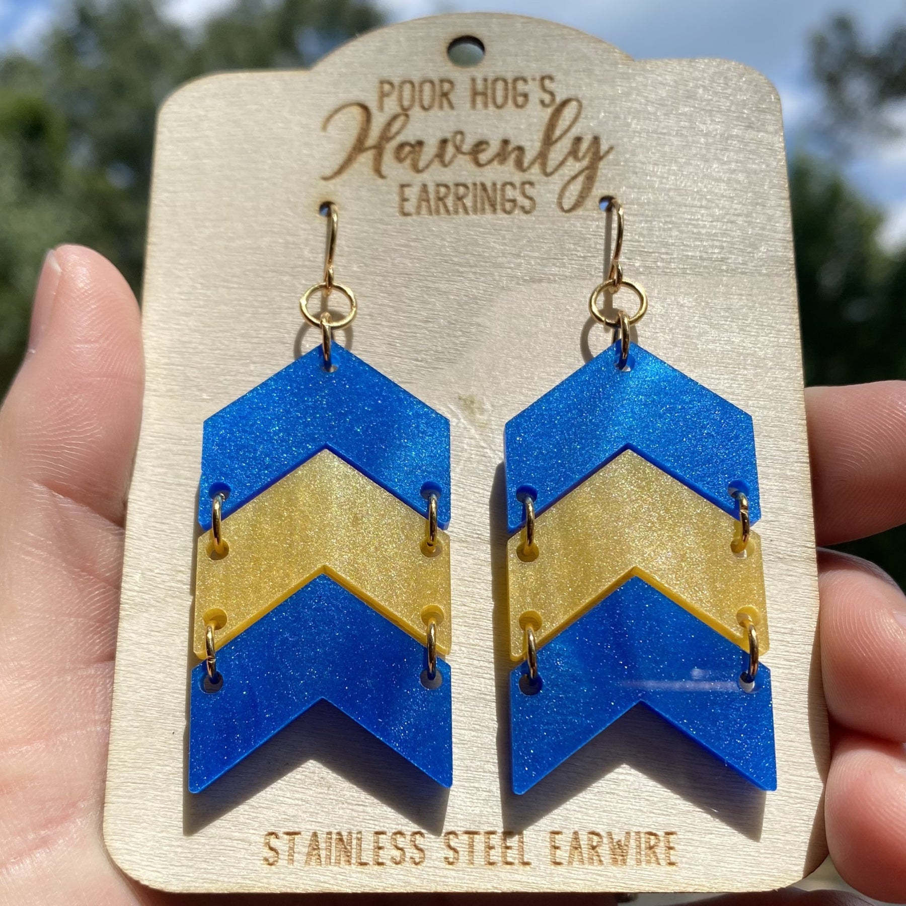 Blue Yellow Chevron Earrings, Down Syndrome Awareness Jewelry by Poor Hog Customs, handmade jewelry detail photo 5