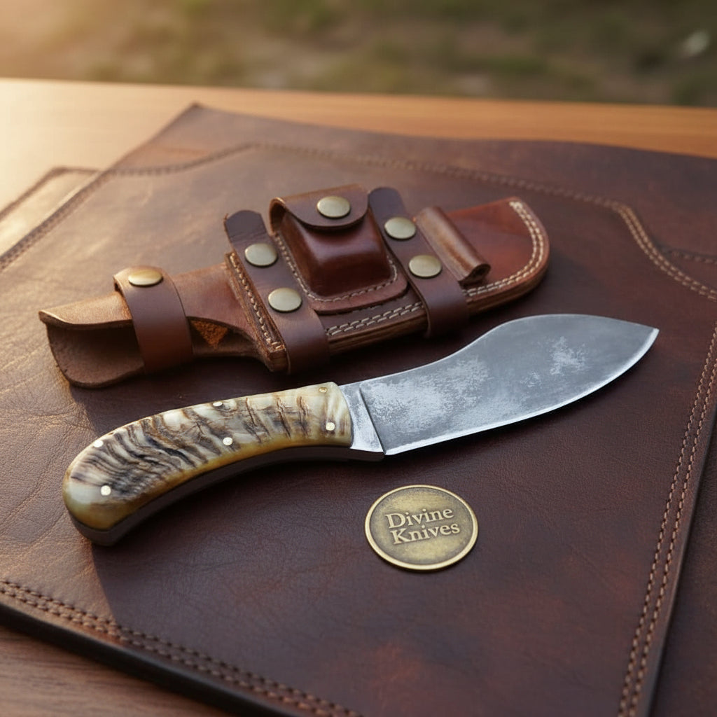 Ram Horn Handle Nessmuk Knife with Forge Finished Blade and Scout Carry Sheath