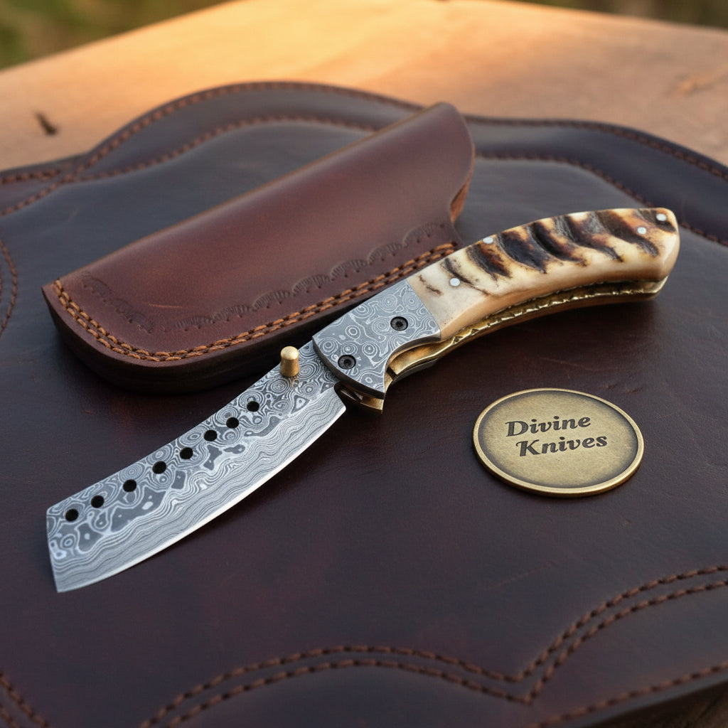 Ram Horn Cleaver Folding Knife with Twist Pattern Blade & Leather Pouch