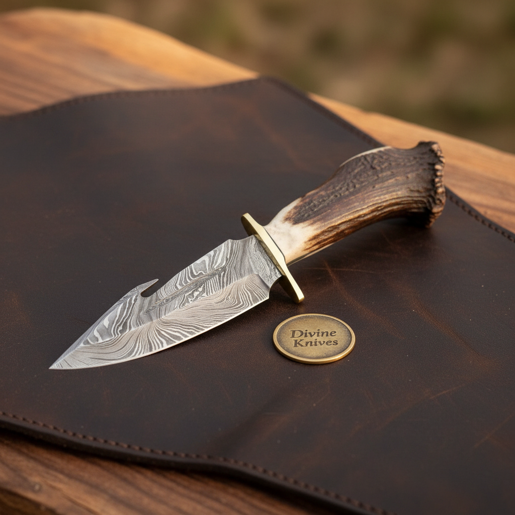 Crown Stag Damascus Gut Hook Knife for Hunting and Field Dressing