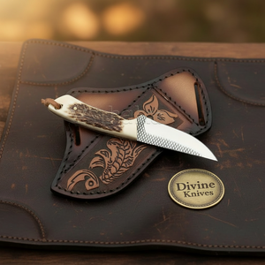 Stag Antler Patch Skinner Knife with Cross-Hatch Blade for Hunters and Outdoor Users