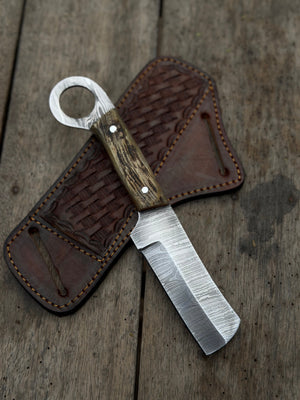 Finger Loop Prairie Bull Cutter 6.5" Handmade Damascus Steel Leather Crossdraw