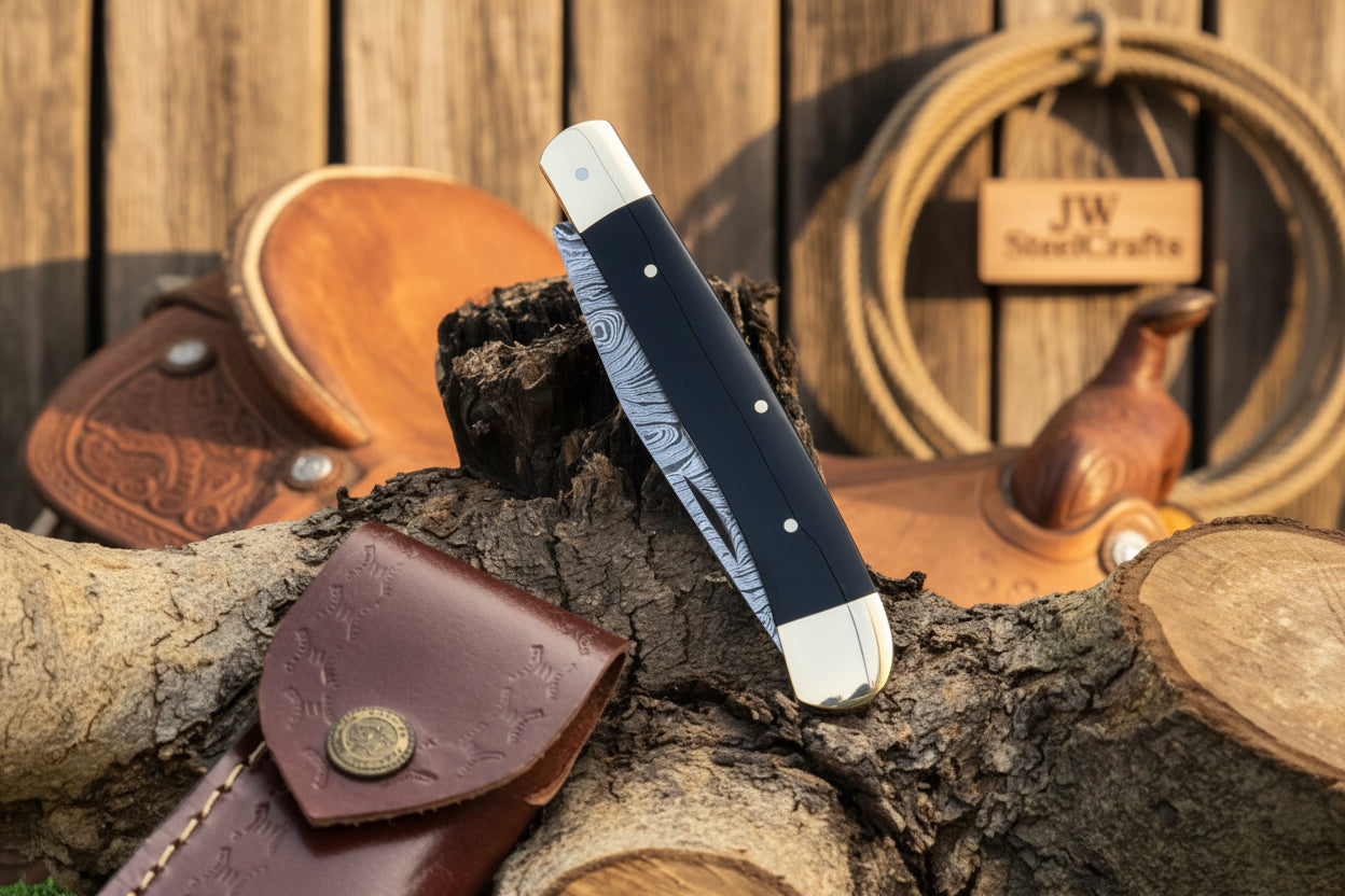 Executive Slipjoint Damascus Folder with Black Resin Handle detail view by JW SteelCrafts