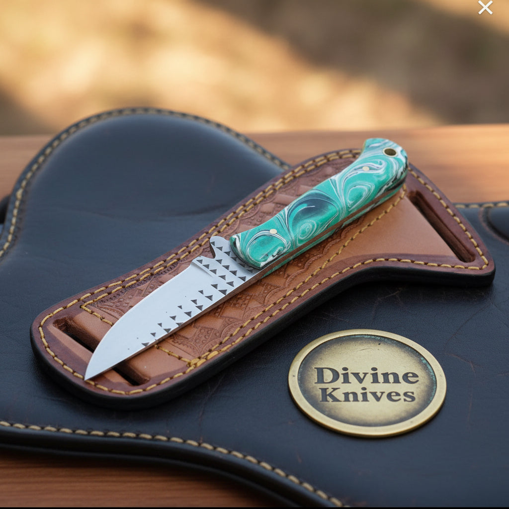 Mint Green Swirl Resin Rasp Cowboy Knife by Divine Knives