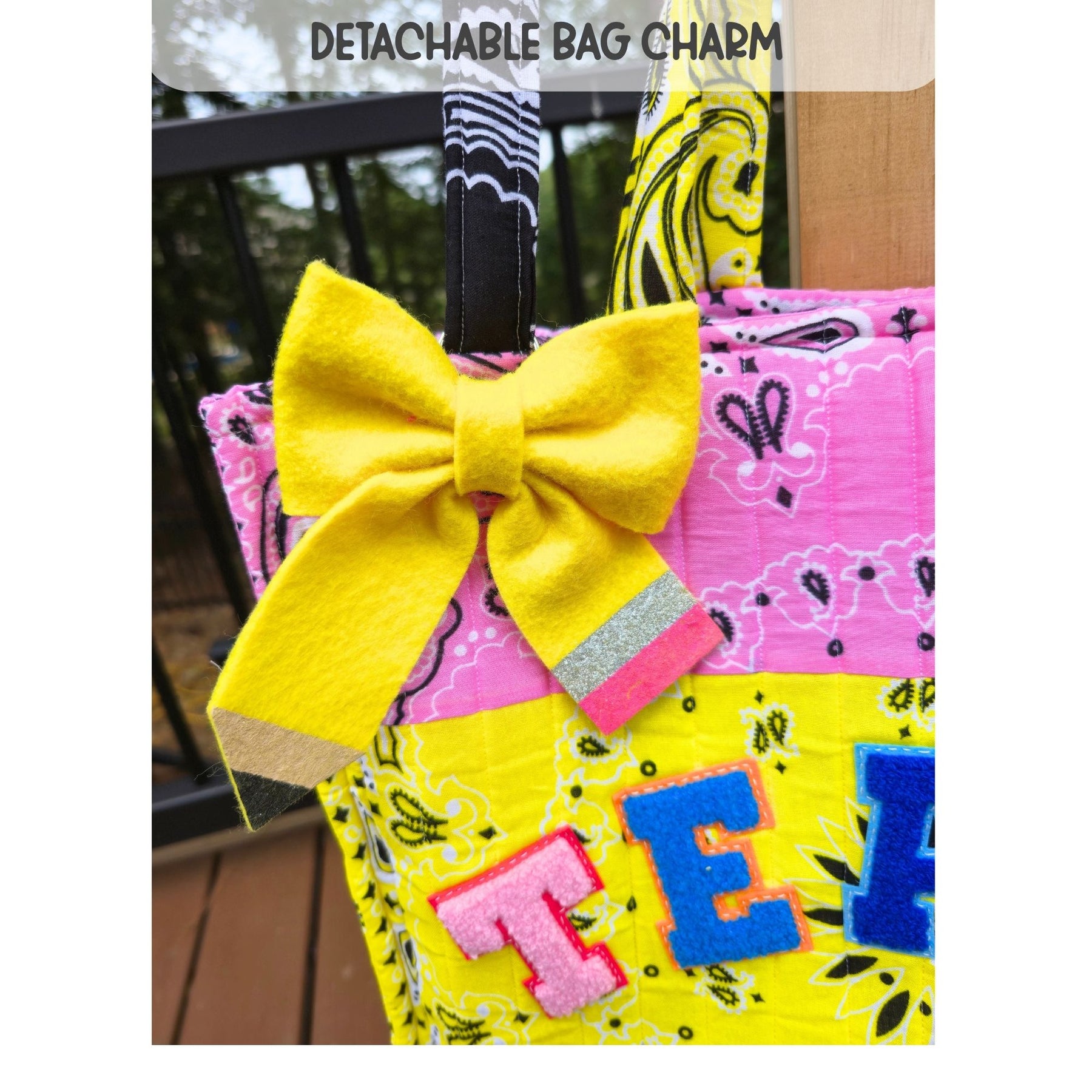 Teacher Bandana Tote Bag, Personalized Teacher Gift, Handmade School Tote, Pink Yellow Patchwork Bag, Back to School Gift