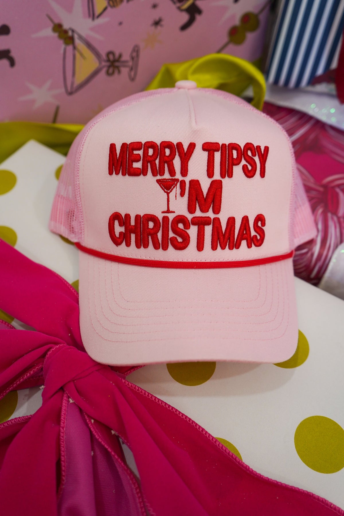 Merry Tipsy I'm Christmas - Pink Trucker Hat by KenzKustomz, view 1