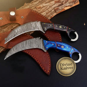 Damascus Apex Karambit Set with Finger Rings and Dual Handle Colors