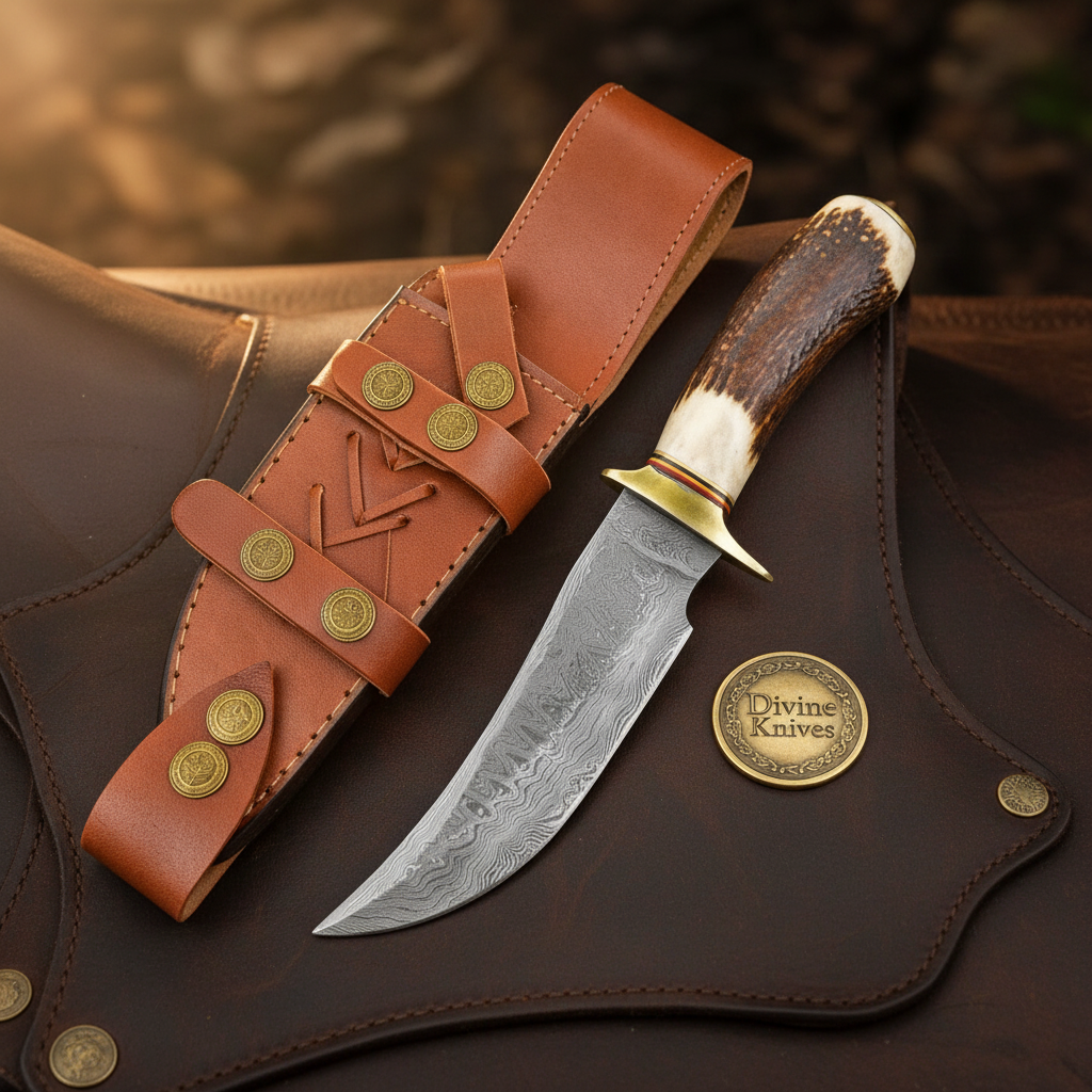 Crown Stag Hunting Knife with Clip Point Forged Blade and Studded Leather Sheath by Divine Knives — product view 1