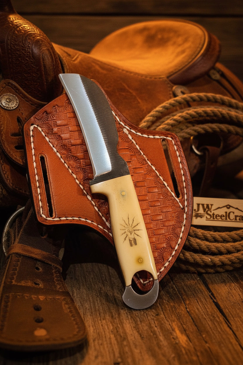 Ivory Sunburst Bull Cutter Knife 8" Handmade Carbon Steel With Ivory Bone Handle