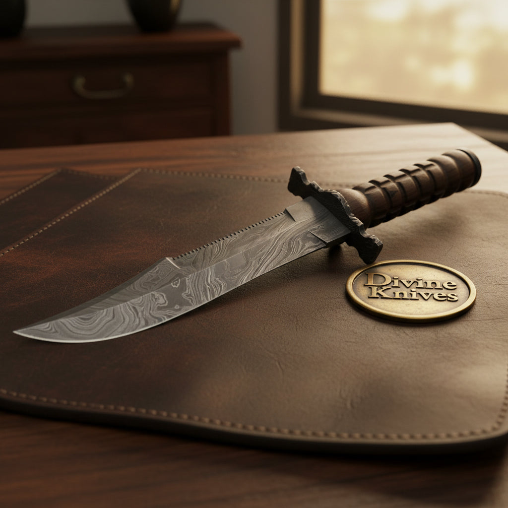 Damascus Sawback Clip Point Tracker Bowie with Contoured Wood Handle