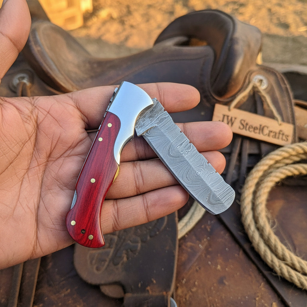 Crimson Ridge Folding Bull Cutter Damascus Wood Handle by JW SteelCrafts — view 1 of 2
