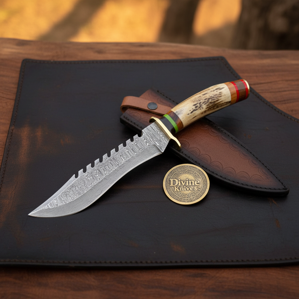 Serrated Spine Bowie Knife with Stag Antler Handle and Hand Forged Layered Blade
