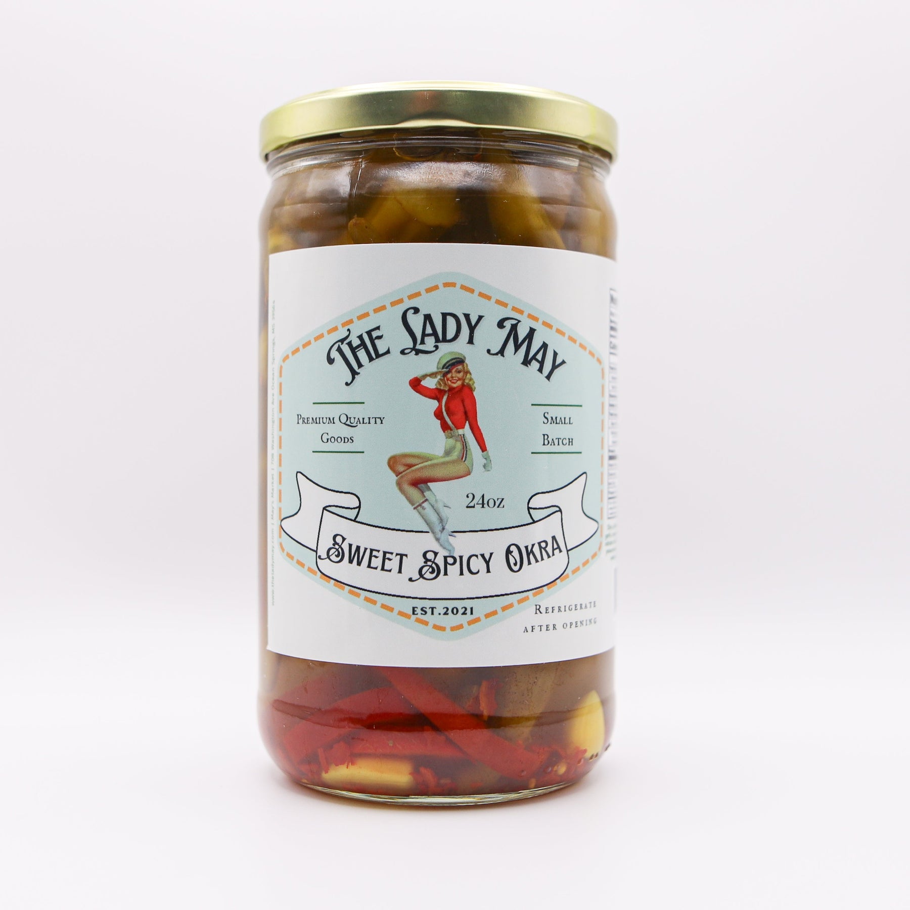 Lady May Sweet & Spicy Pickled Okra – 2 Pack (24oz Jars) – Southern Style Whole Fresh Okra Pods – Small Batch Restaurant Made – Sweet Heat with Jalapeño & Garlic