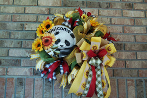 Panda Sunflower Wreath | Black, White & Yellow Door Decor handmade by Bouge Creations